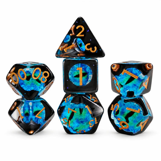 Tidal Dragon Eye 7-piece black resin DND dice set with blue-green dragon eyes and gold numbers on white background.