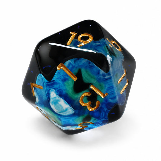 Tidal Dragon Eye single D20 black resin DND die with blue-green dragon eye and gold numbers on white background.