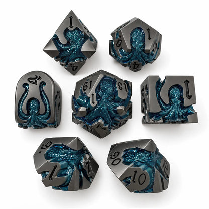 Undertow Kraken 7-piece gunmetal DND dice set with deep blue kraken designs on a white background.