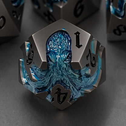 Undertow Kraken gunmetal D12 with glossy deep blue kraken design and black numbers.