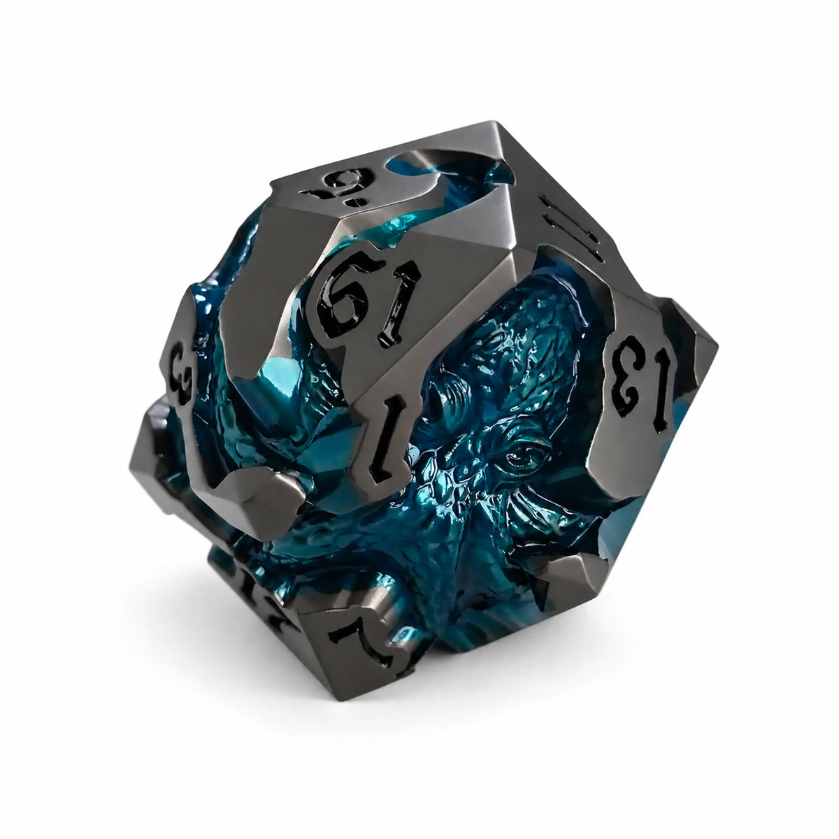 Undertow Kraken gunmetal D20 with a glossy deep blue kraken design and black numbers on a white background.