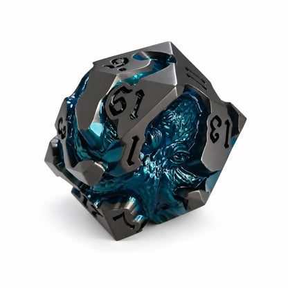 Undertow Kraken gunmetal D20 with a glossy deep blue kraken design and black numbers on a white background.