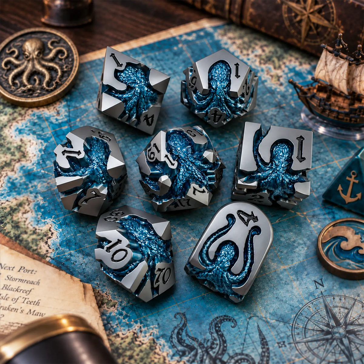 Undertow Kraken 7-piece gunmetal dice set with deep blue kraken designs in a nautical adventure game scene.