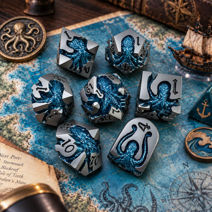 Undertow Kraken 7-piece gunmetal dice set with deep blue kraken designs in a nautical adventure game scene.