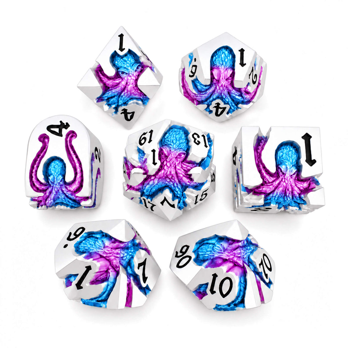 Venom Bloom Kraken 7-piece silver-tone metal DND dice set with blue and magenta pearlescent kraken designs and black numbers on a white background.