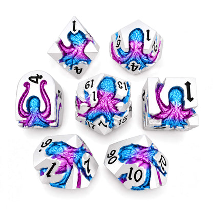 Venom Bloom Kraken 7-piece silver-tone metal DND dice set with blue and magenta pearlescent kraken designs and black numbers on a white background.