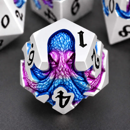 Venom Bloom Kraken silver-tone metal D12 featuring blue and magenta pearlescent kraken details with black numbers on a dark background.