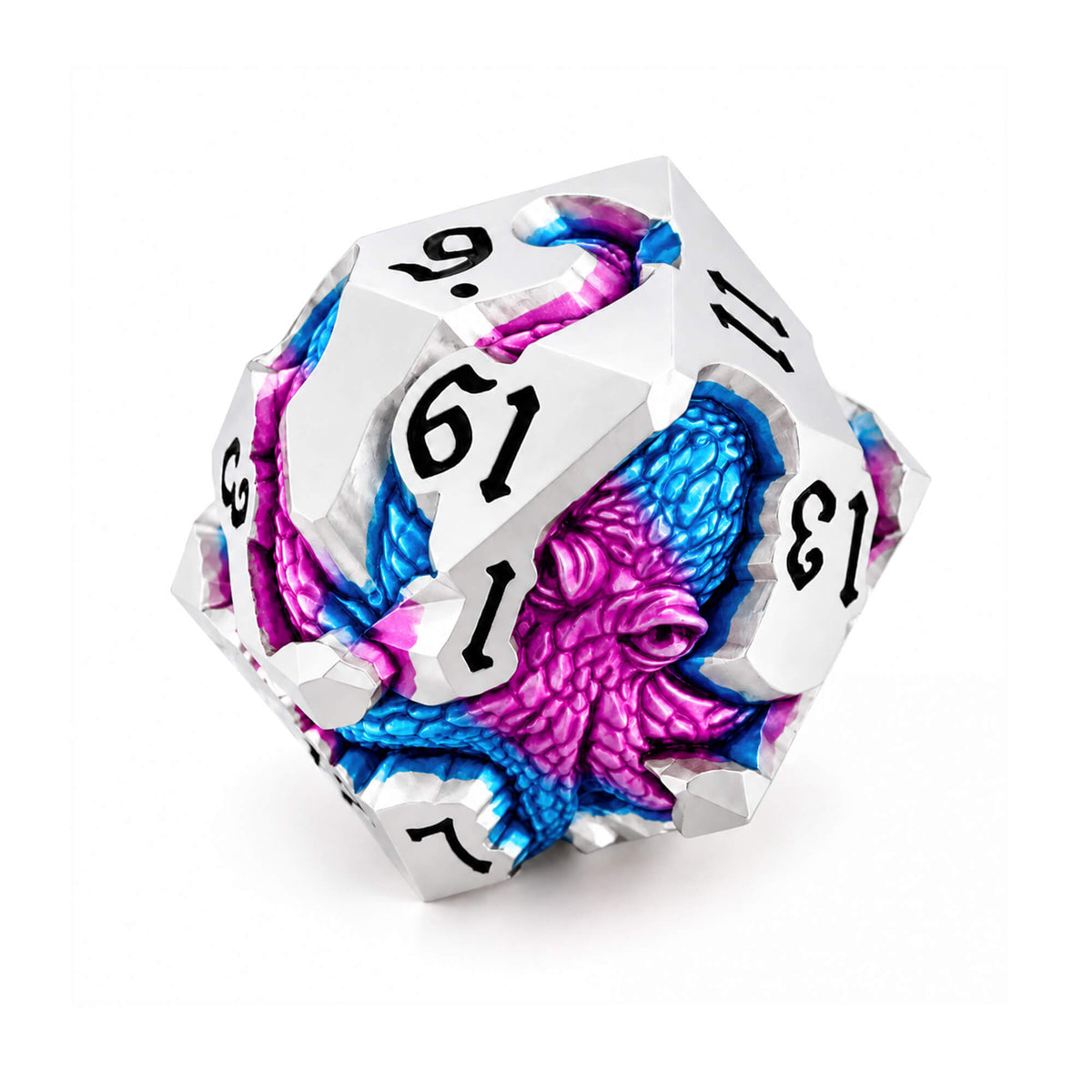 Venom Bloom Kraken silver-tone metal D20 with blue and magenta pearlescent kraken design and black numbers on a white background.